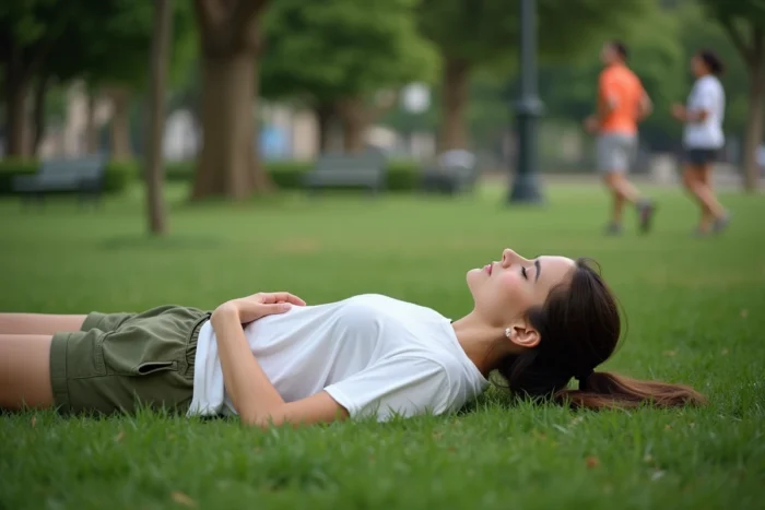 Jeune femme allongée dans l'herbe d'un parc urbain pratiquant un exercice de respiration abdominale les mains posées sur le ventre