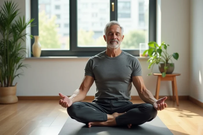 Homme d'âge mûr assis en tailleur sur un tapis de yoga pratiquant la respiration diaphragmatique dans un appartement moderne