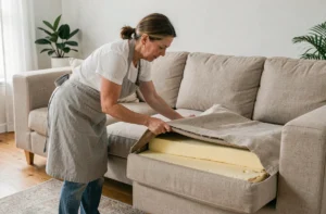 Femme retirant le revêtement d'un canapé Poltronesofa pour accéder à la mousse usée, dans un salon moderne