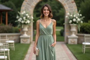 Femme portant une robe verte sauge élégante lors d'une cérémonie de mariage en extérieur