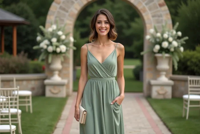 Femme portant une robe verte sauge élégante lors d'une cérémonie de mariage en extérieur
