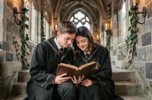 Deux jeunes étudiants en robes de sorcier partagent un moment romantique sur un escalier en pierre d'un château médiéval inspiré de Poudlard