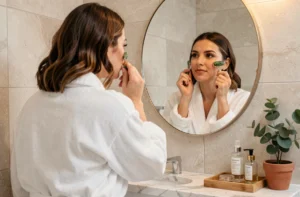 Femme appliquant un rouleau de jade sur son visage dans une salle de bain minimaliste pour sa routine beauté quotidienne