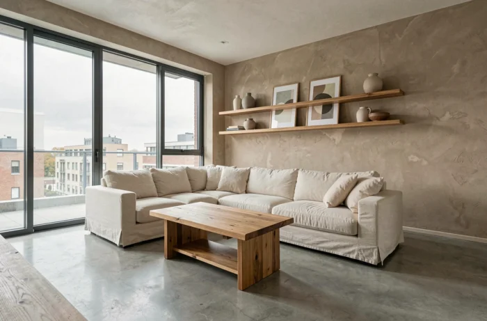 Salon contemporain minimaliste avec canapé en lin crème, table basse en chêne brut et mur en plâtre texturé, plancher en béton poli