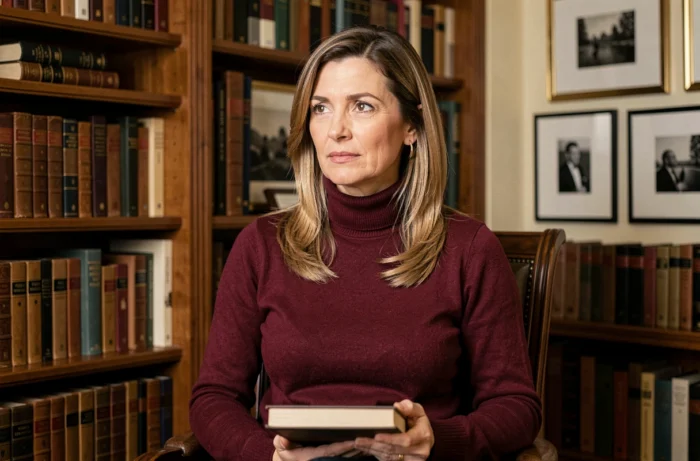 Femme distinguée dans une bibliothèque privée élégante, symbolisant les secrets et la vie intime de Samantha de Bendern
