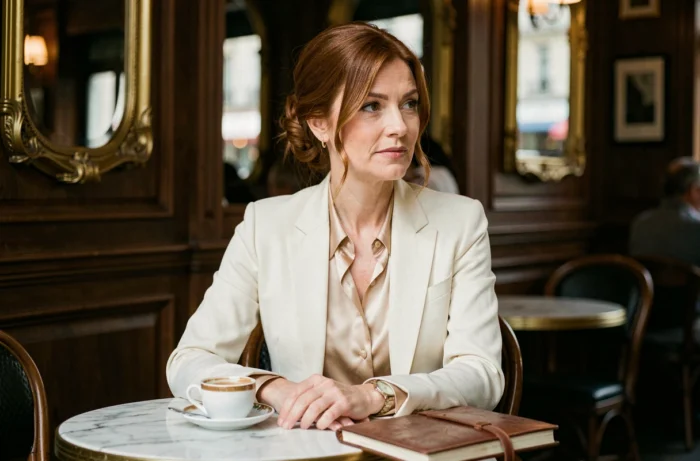 Femme élégante assise dans un café parisien, évoquant la vie privée et le raffinement de Samantha de Bendern