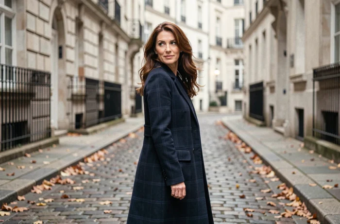 Femme sophistiquée marchant sur des pavés européens, illustration de la vie personnelle et discrète de Samantha de Bendern
