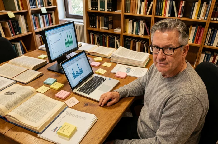 Scientifique lisant des revues scientifiques à son bureau dans un bureau universitaire encombré de livres