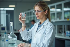 Scientifique examinant des perles de céramique dans un bécher d'eau en laboratoire