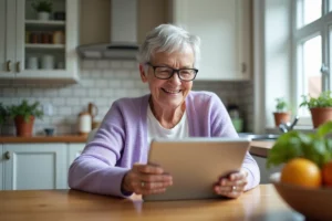 Senior souriante en cardigan lavande lors d'un appel vidéo sur tablette dans une cuisine chaleureuse, illustrant les services d'aide numérique pour personnes âgées
