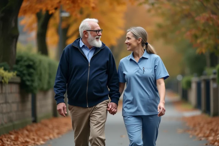 Homme senior se promenant avec une aide à domicile en uniforme bleu dans une allée résidentielle en automne, évoquant les services d'accompagnement Maxi Senior