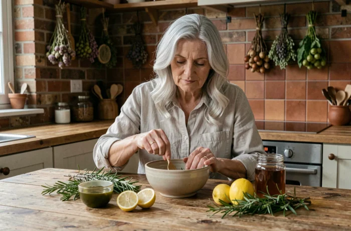 Femme aux cheveux blancs éclatants préparant un soin capillaire naturel avec des ingrédients maison dans une cuisine rustique