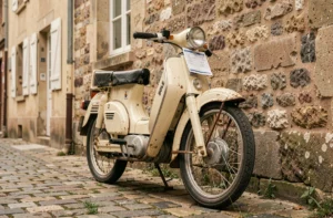 Vélomoteur Solex de collection garé contre un mur en pierre dans une rue pavée de village français avec un document d'assurance visible