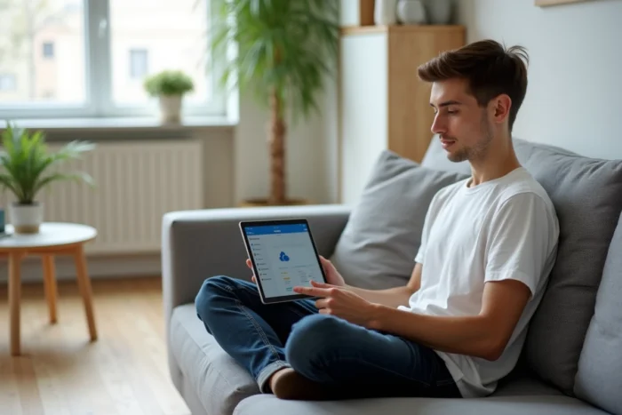 Jeune adulte utilisant l'application OneDrive sur une tablette Surface pour synchroniser des fichiers dans un salon moderne
