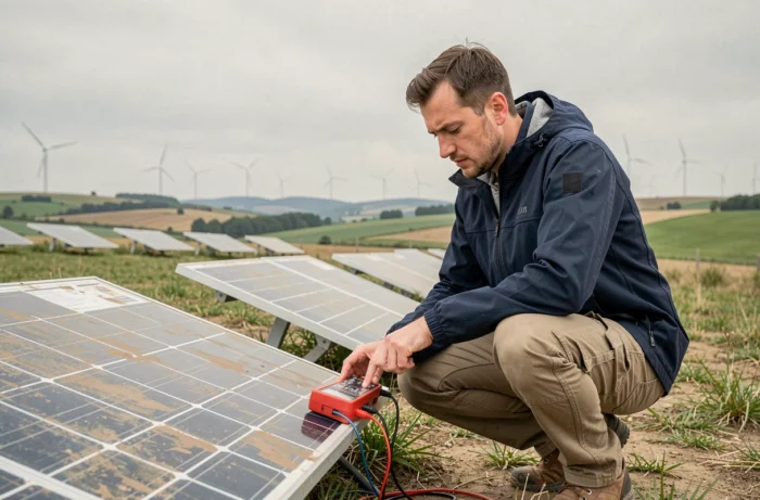 Technicien en énergies renouvelables inspectant des panneaux solaires dans un champ avec éoliennes en arrière-plan