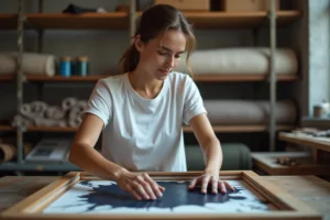 Femme utilisant la technique de sérigraphie pour imprimer un motif sur un t-shirt blanc dans un atelier de personnalisation textile