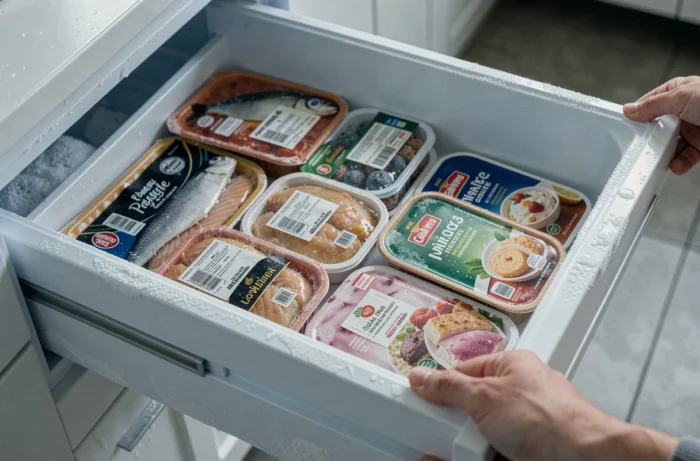 Tiroir de congélateur domestique ouvert révélant une sélection organisée de produits surgelés en emballages de marques françaises comme Picard et Thiriet
