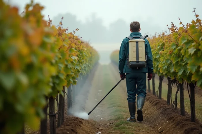 Travailleur viticole appliquant un traitement fongicide au cuivre sur des rangs de vigne dans un vignoble bordelais