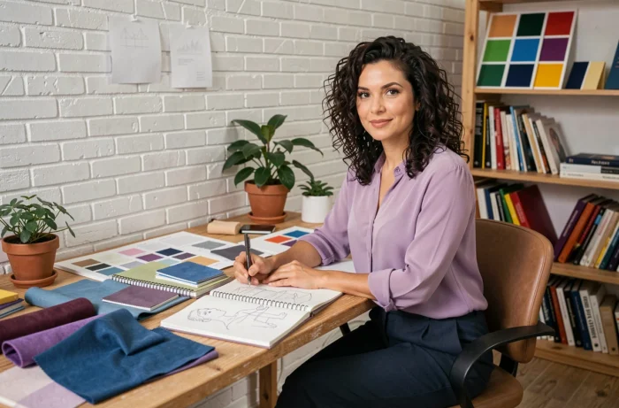Créatrice professionnelle assise à son bureau de studio entouré de planches créatives, échantillons de tissus et carnets de croquis aux tons bleus et violets