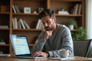 Homme consultant des avis en ligne sur un ordinateur portable dans un bureau à domicile, illustrant la vérification des critiques sur Simon Cavallo
