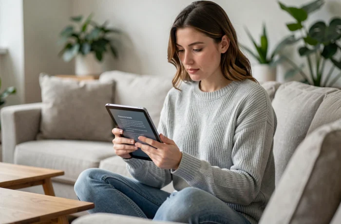 Femme lisant attentivement les conditions d'utilisation d'un site web sur une tablette depuis son salon