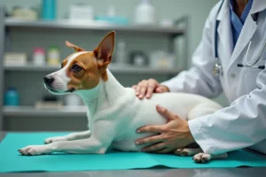 Vétérinaire examinant un Jack Russell Terrier sur une table de consultation pour détecter des problèmes de santé courants