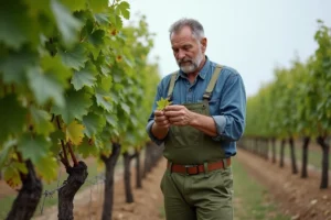 Viticulteur inspectant des feuilles de vigne atteintes de mildiou dans un vignoble français en automne
