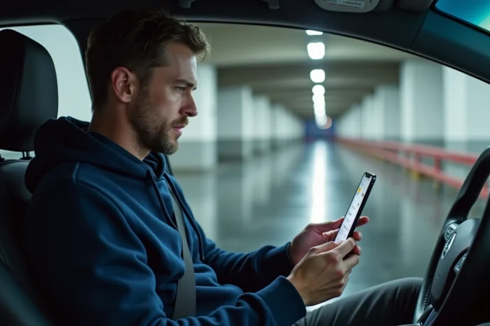 Voyageur utilisant une application mobile pour réserver une place au parking P5 de l'aéroport de Toulouse