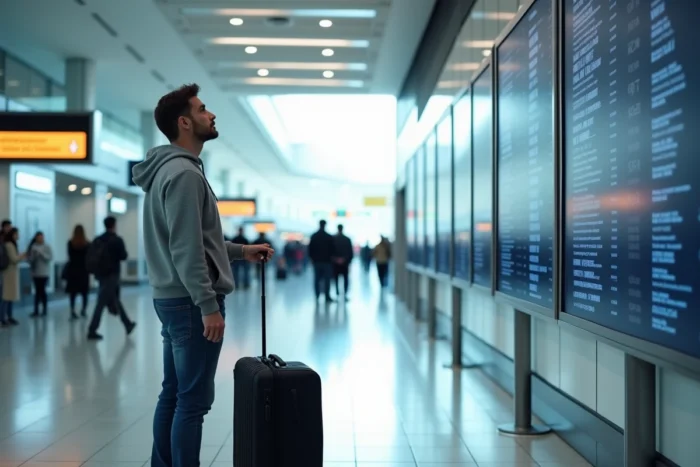 Voyageur consultant le tableau des départs dans un aéroport européen avec une valise cabine
